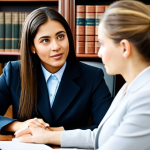 Seeking Legal Counsel**

"A woman wearing modest professional attire, sits across a wooden desk from a lawyer in a well-lit office. The lawyer, also in professional dress, gestures reassuringly. Bookshelves line the background. The scene conveys trust and legal assistance. Safe for work, appropriate content, fully clothed, professional, perfect anatomy, natural proportions, high quality."

**
