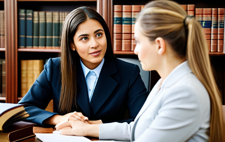 Seeking Legal Counsel**

"A woman wearing modest professional attire, sits across a wooden desk from a lawyer in a well-lit office. The lawyer, also in professional dress, gestures reassuringly. Bookshelves line the background. The scene conveys trust and legal assistance. Safe for work, appropriate content, fully clothed, professional, perfect anatomy, natural proportions, high quality."

**